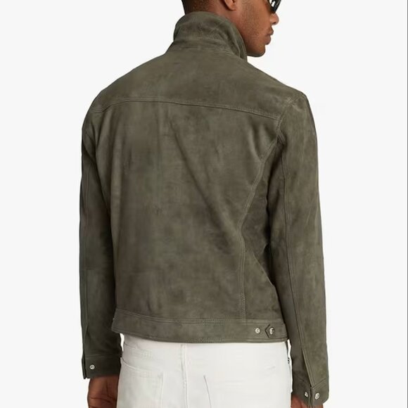 Reiss Jagger Suede Trucker Jacket - Olive Green - Picture 9 of 9